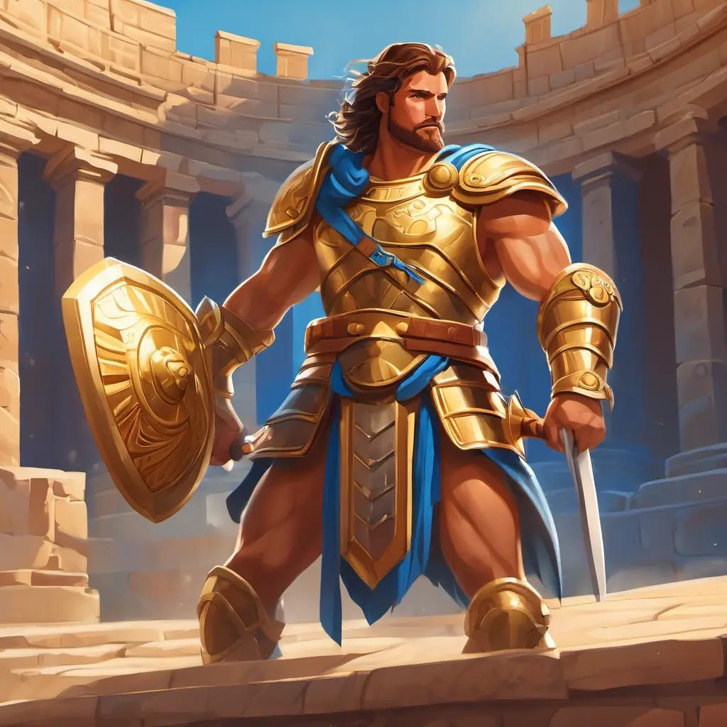 Conclusion of the story with Brave gladiator with golden armor, bright blue eyes, and suntanned skin earning his freedom and becoming a hero. Location: Colosseum, Characters: Brave gladiator with golden armor, bright blue eyes, and suntanned skin and Gods