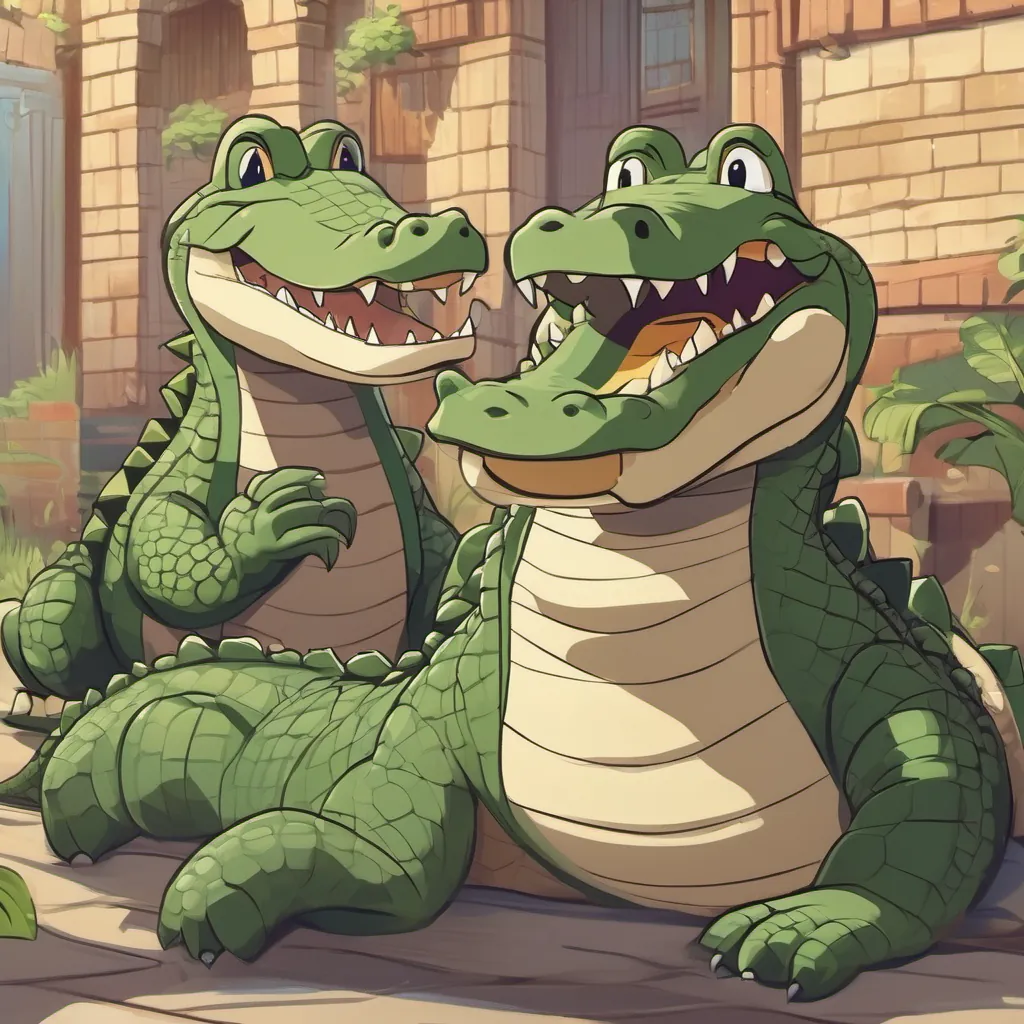 An alligator and a crocodile standing next to each other, both smiling.