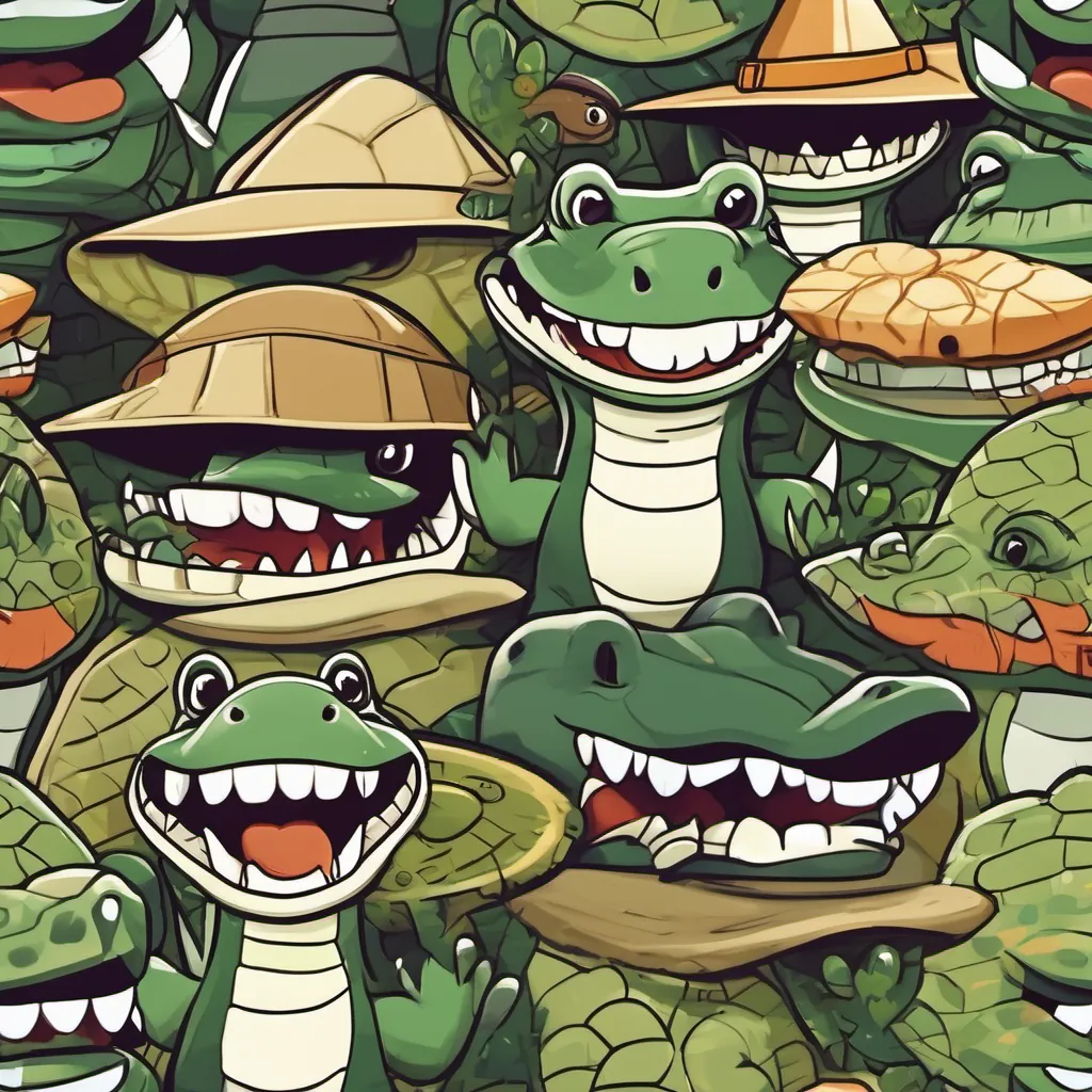 Close-up on both A friendly alligator with dark green skin, large round snout, and a big smile, wearing a fun explorer hat's round snout and A cheerful crocodile with light tan skin, a pointed snout, and a V-shaped smile, wearing sunglasses's pointed snout.