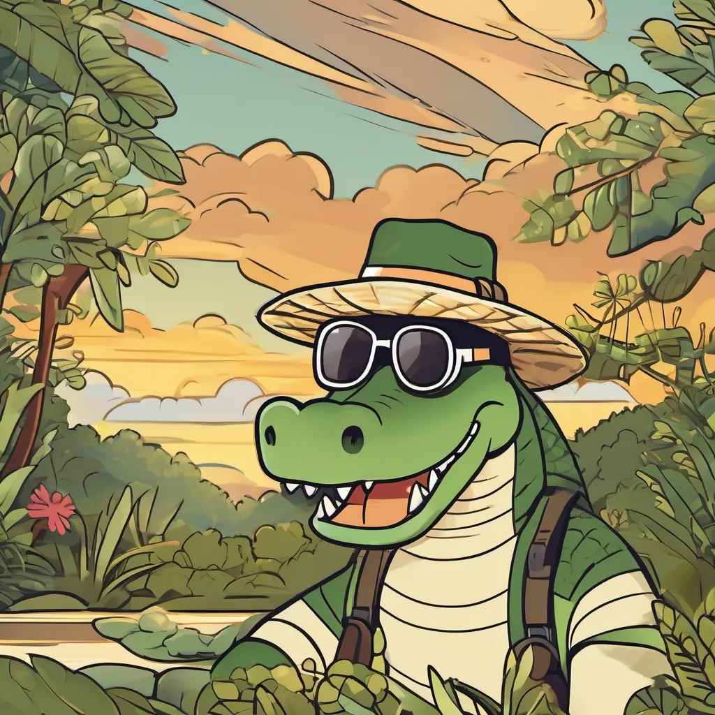 A friendly alligator with dark green skin, large round snout, and a big smile, wearing a fun explorer hat and A cheerful crocodile with light tan skin, a pointed snout, and a V-shaped smile, wearing sunglasses happily walking into the sunset together, surrounded by nature.
