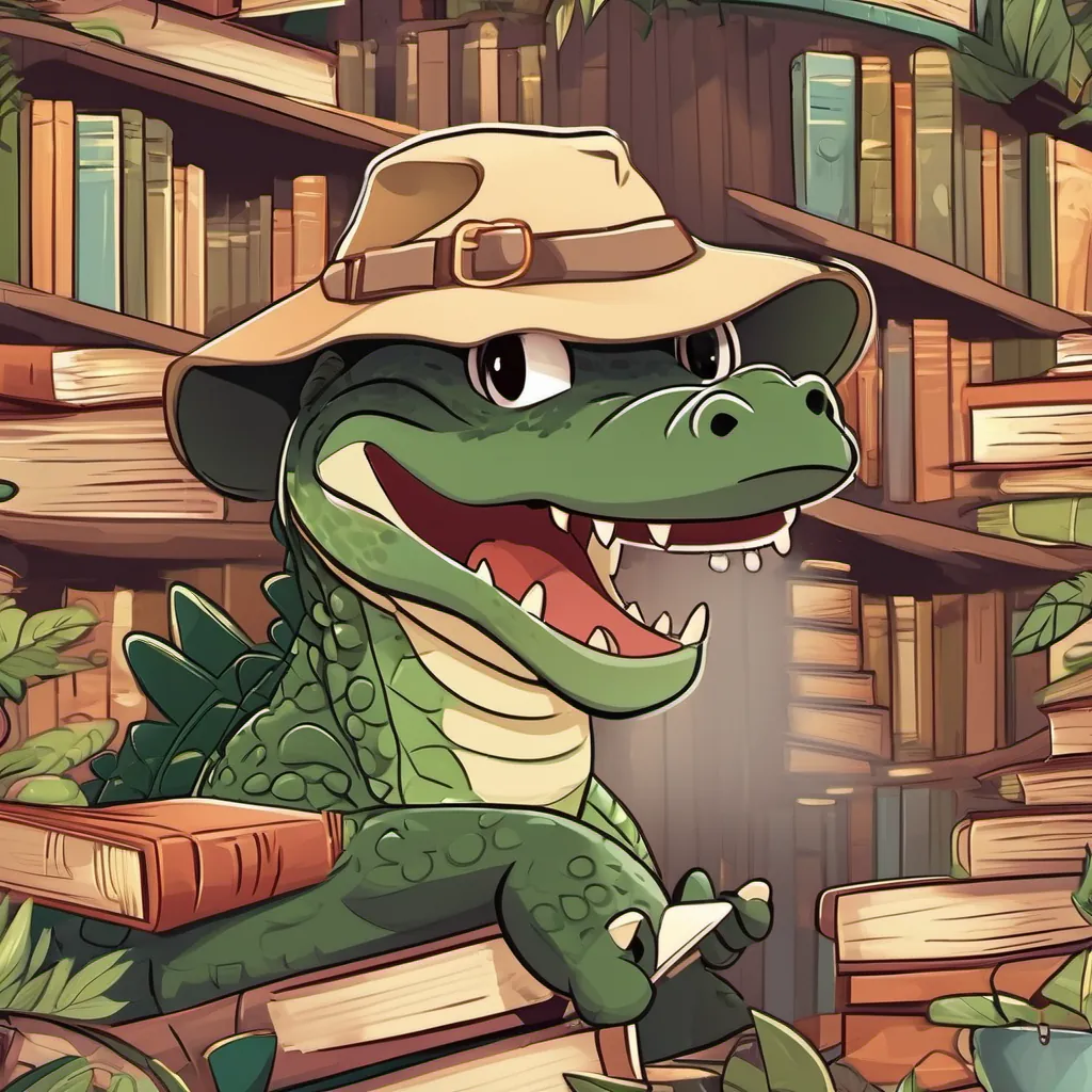 A friendly alligator with dark green skin, large round snout, and a big smile, wearing a fun explorer hat and A cheerful crocodile with light tan skin, a pointed snout, and a V-shaped smile, wearing sunglasses standing proudly with a backdrop full of books and nature.