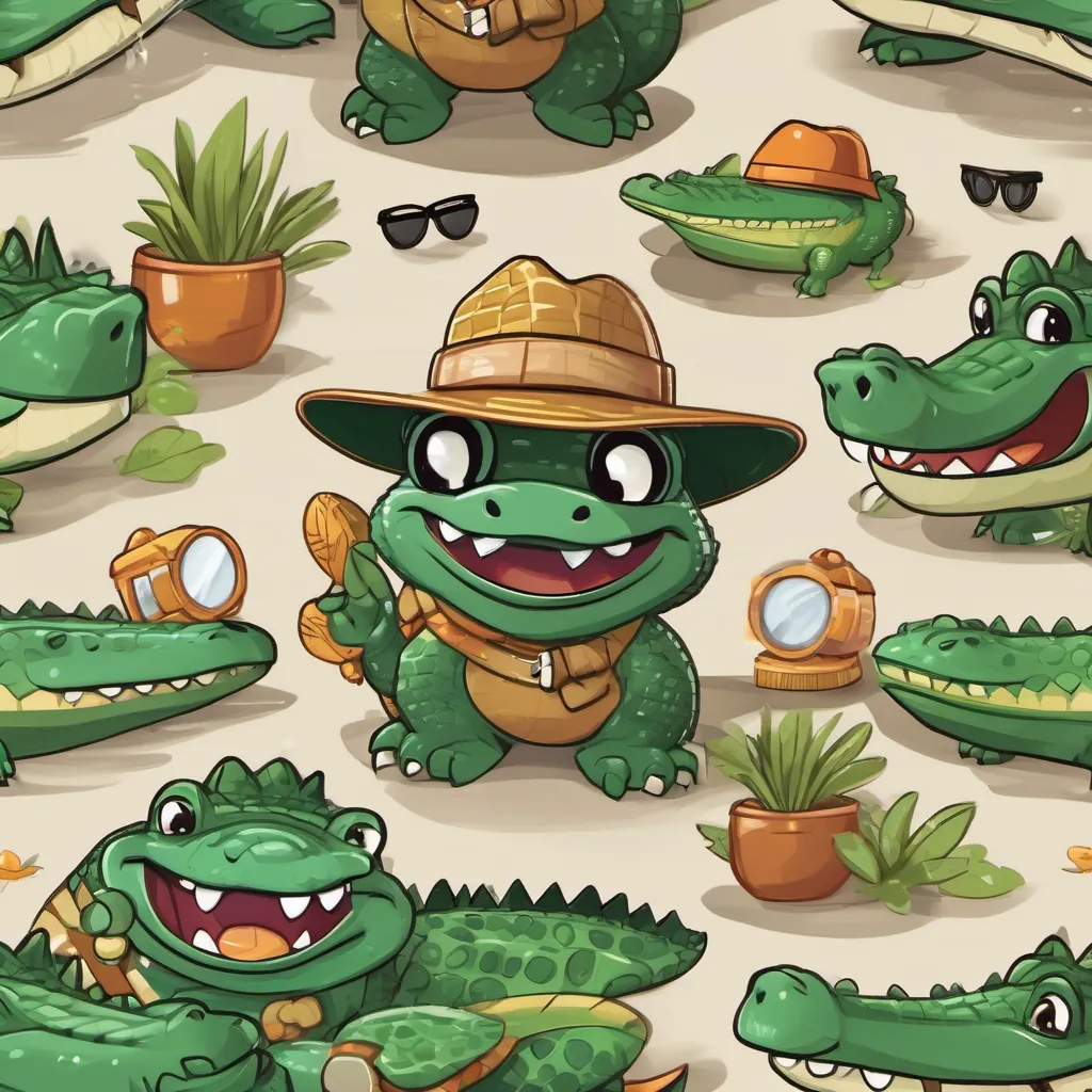 A friendly alligator with dark green skin, large round snout, and a big smile, wearing a fun explorer hat and A cheerful crocodile with light tan skin, a pointed snout, and a V-shaped smile, wearing sunglasses both holding magnifying glasses and wearing explorer hats.