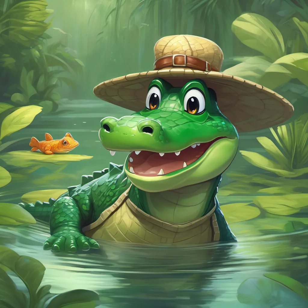 A friendly alligator with dark green skin, large round snout, and a big smile, wearing a fun explorer hat swimming in a green, freshwater swamp.