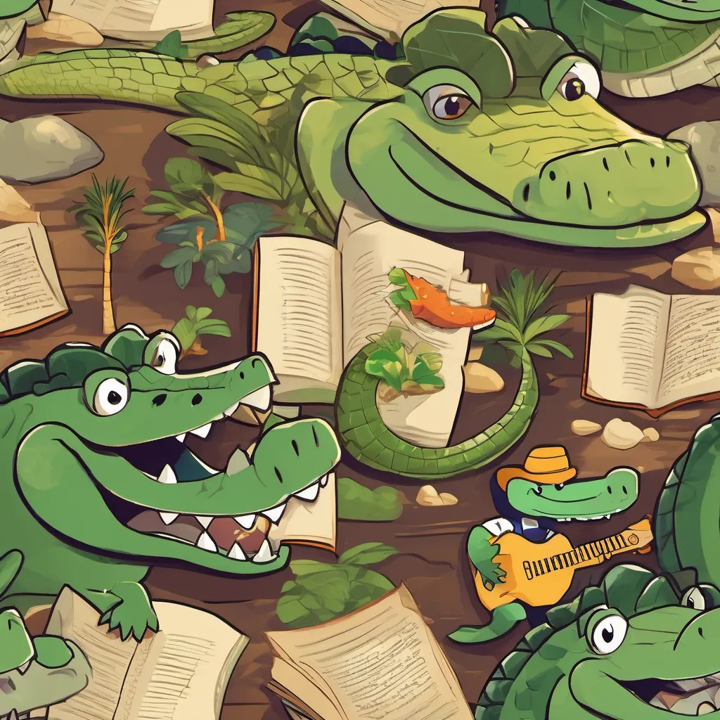 A friendly alligator with dark green skin, large round snout, and a big smile, wearing a fun explorer hat and A cheerful crocodile with light tan skin, a pointed snout, and a V-shaped smile, wearing sunglasses sitting together, reading a book titled 'All About Reptiles'.