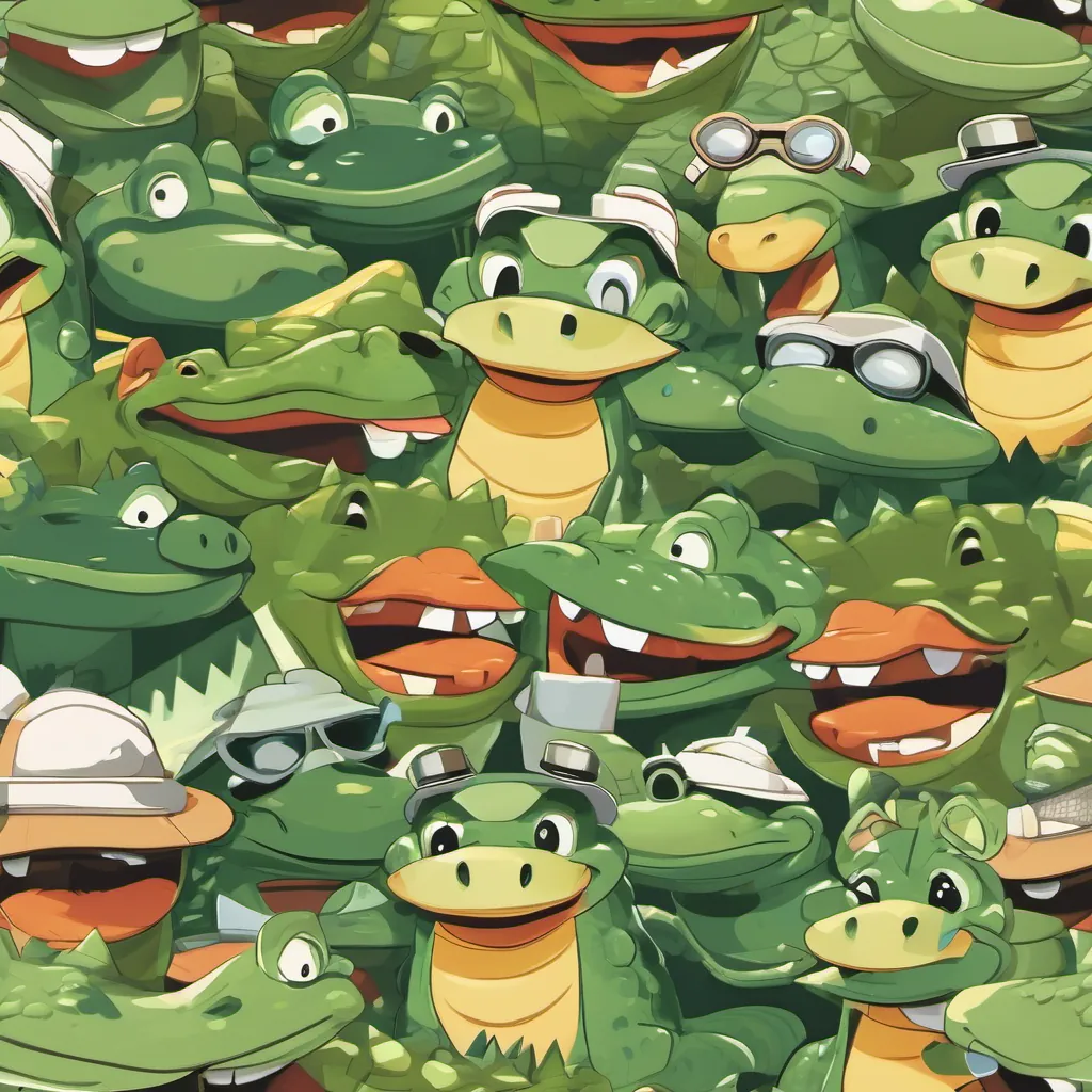 A friendly alligator with dark green skin, large round snout, and a big smile, wearing a fun explorer hat and A cheerful crocodile with light tan skin, a pointed snout, and a V-shaped smile, wearing sunglasses smiling side by side, showing their different shaped smiles.