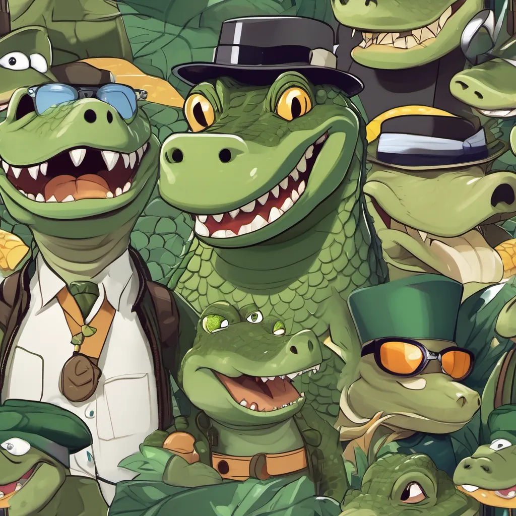 Close-up on A friendly alligator with dark green skin, large round snout, and a big smile, wearing a fun explorer hat's mouth closed with teeth hidden, and A cheerful crocodile with light tan skin, a pointed snout, and a V-shaped smile, wearing sunglasses's mouth closed with teeth sticking out.