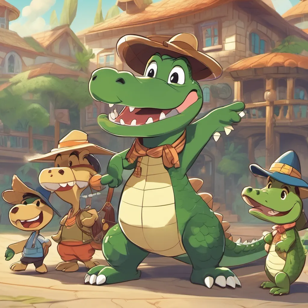 A friendly alligator with dark green skin, large round snout, and a big smile, wearing a fun explorer hat and A cheerful crocodile with light tan skin, a pointed snout, and a V-shaped smile, wearing sunglasses dancing around with children, all laughing and having fun.