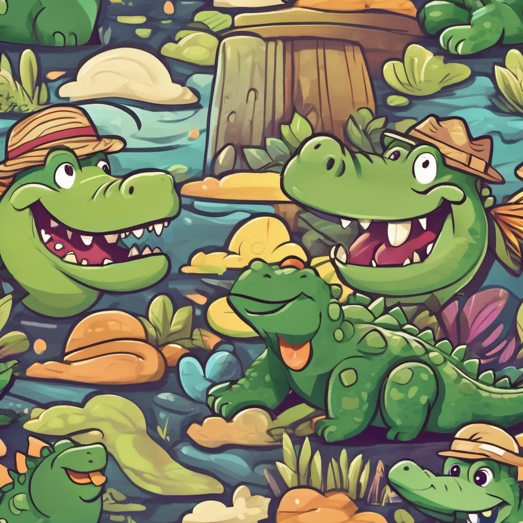 A friendly alligator with dark green skin, large round snout, and a big smile, wearing a fun explorer hat and A cheerful crocodile with light tan skin, a pointed snout, and a V-shaped smile, wearing sunglasses giving each other a high-five under a rainbow.