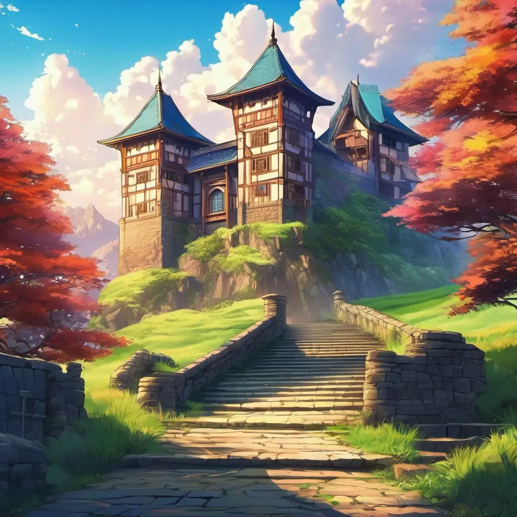 A beautiful castle on a hill, with tall towers, shiny windows, and a big wooden door.