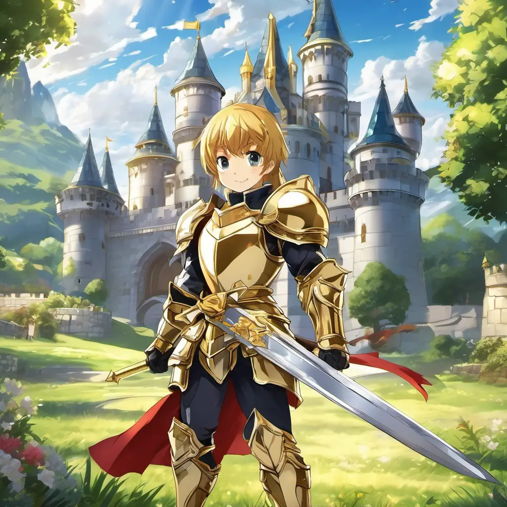 Knight Brave knight, shiny armor, golden sword (10 words max), wearing shiny armor and carrying a golden sword, guarding the castle.