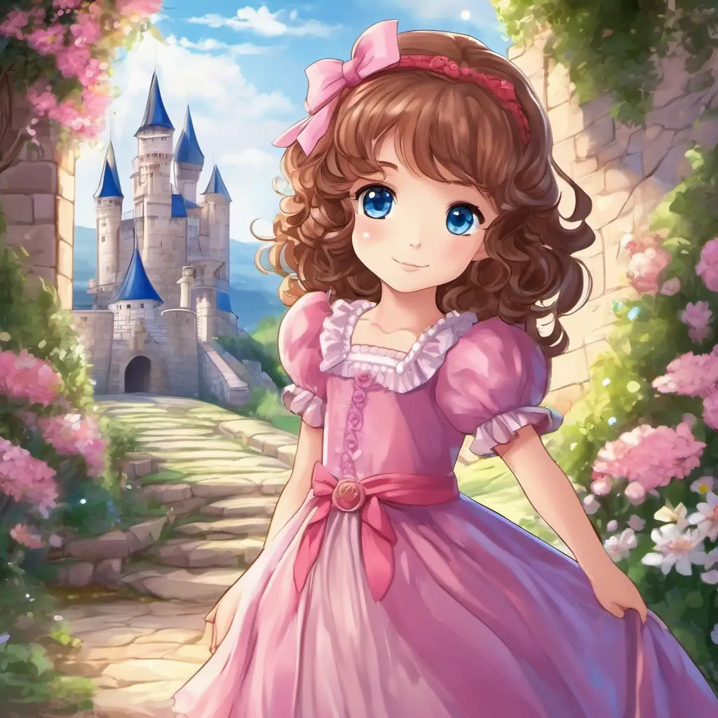 Curious little girl Curious girl, brown curly hair, sparkling blue eyes, pink dress (10 words max), with brown curly hair, sparkling blue eyes, and a pink dress, exploring the castle.