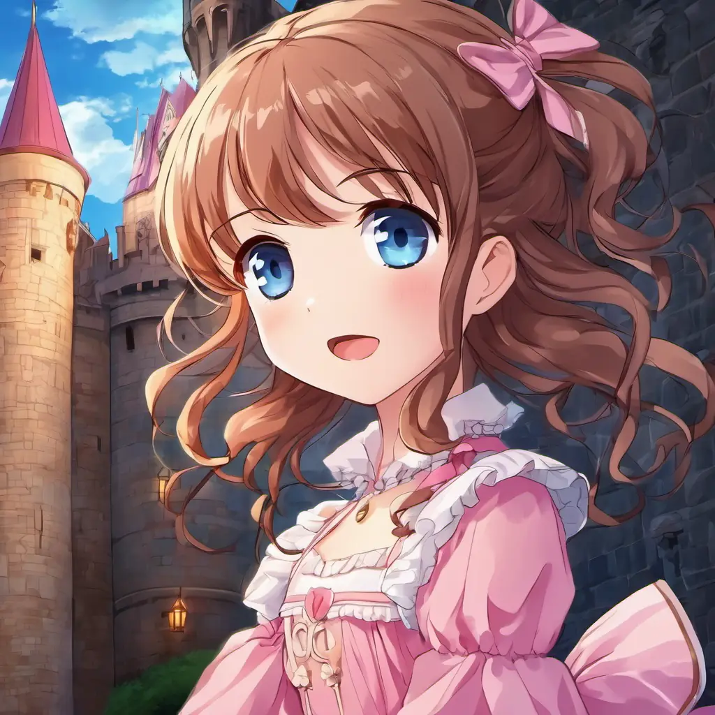 Curious girl, brown curly hair, sparkling blue eyes, pink dress (10 words max) inside the castle, hearing a mysterious voice, with a determined and excited expression.