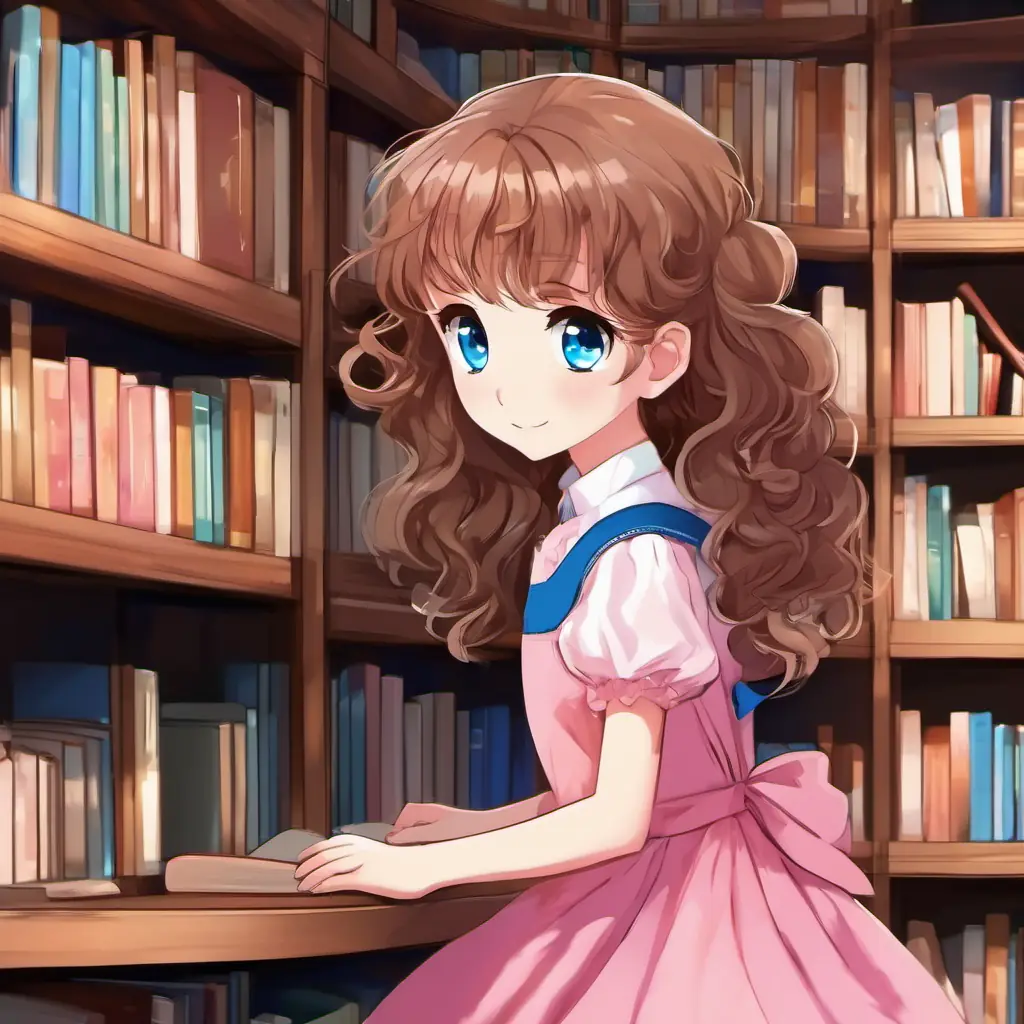 Curious girl, brown curly hair, sparkling blue eyes, pink dress (10 words max) searching for the key, with an expression of curiosity and surprise, while finding it behind a dusty bookshelf.