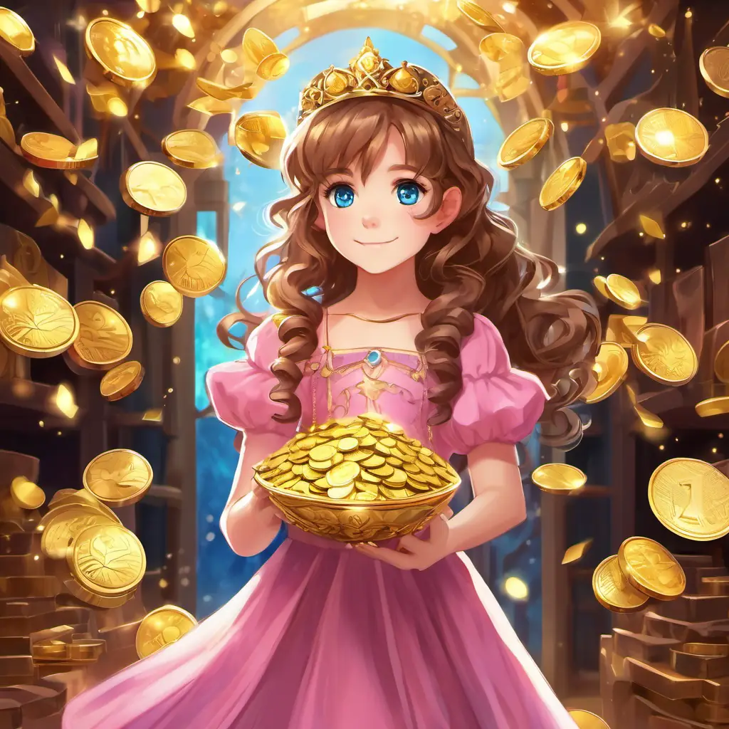 Curious girl, brown curly hair, sparkling blue eyes, pink dress (10 words max) holding the key, unlocking the treasure room, surrounded by heaps of shiny gold coins, sparkling jewels, and a magical tiara.