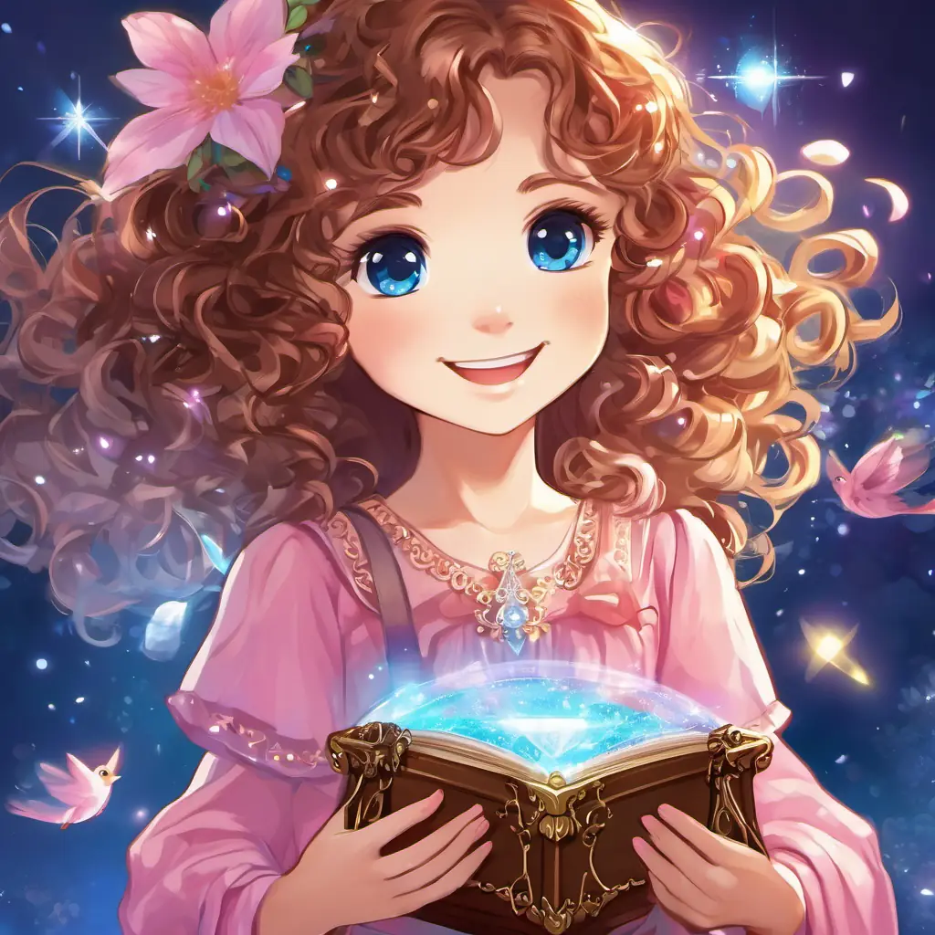 Curious girl, brown curly hair, sparkling blue eyes, pink dress (10 words max) sharing the treasure with happy people of the kingdom, spreading joy and creating adventures.