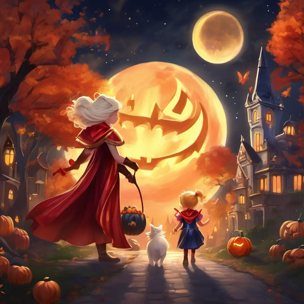 A magical fairy with shiny wings, glowing wand, and golden hair, A brave superhero with a red cape and strong muscles, and A beautiful princess with a sparkly gown, tiara, and a big smile with their costumes, ready to go trick or treating in a moonlit town