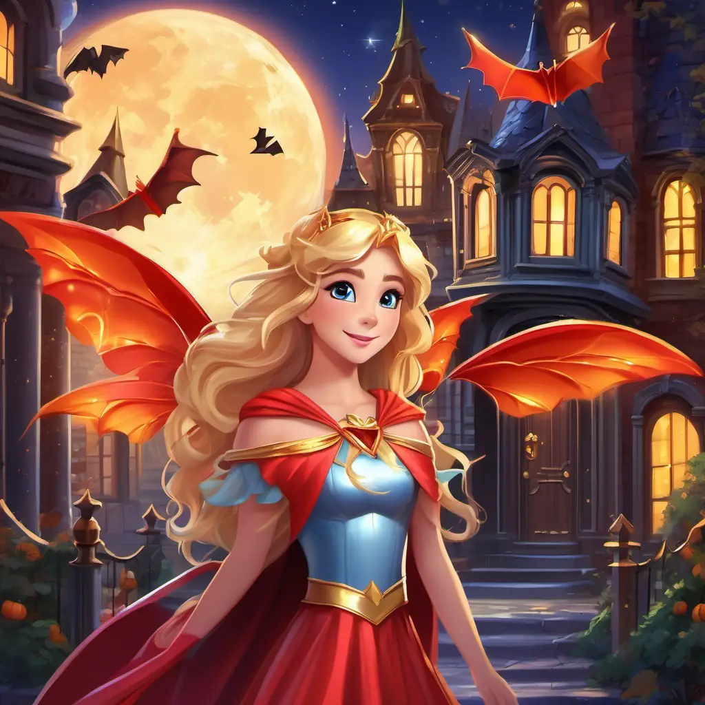 A magical fairy with shiny wings, glowing wand, and golden hair, A brave superhero with a red cape and strong muscles, and A beautiful princess with a sparkly gown, tiara, and a big smile walking along the moonlit street, knocking on a decorated front door, and receiving treats