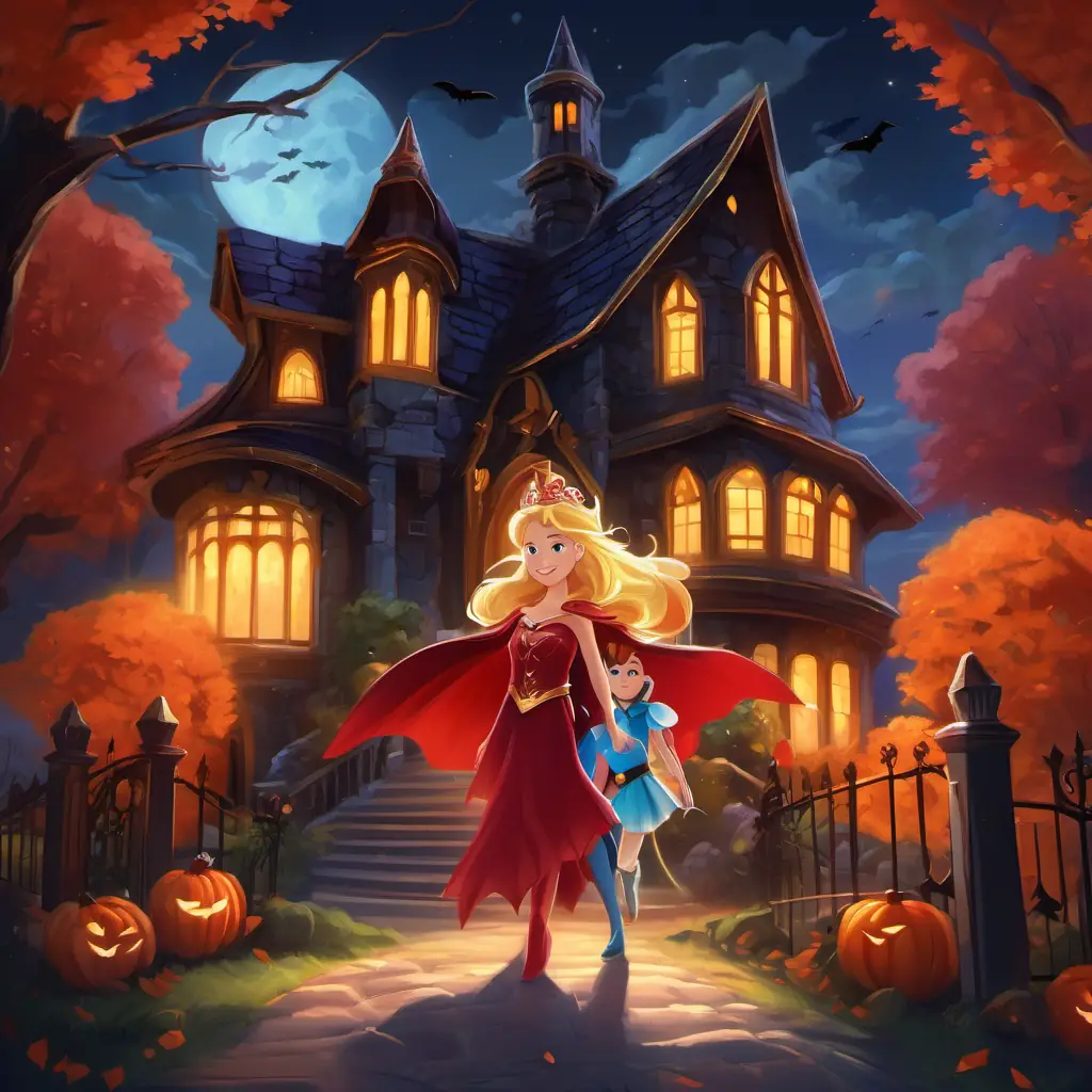 A magical fairy with shiny wings, glowing wand, and golden hair, A brave superhero with a red cape and strong muscles, and A beautiful princess with a sparkly gown, tiara, and a big smile standing in front of a spooky house with dark shadows and an eerie glow