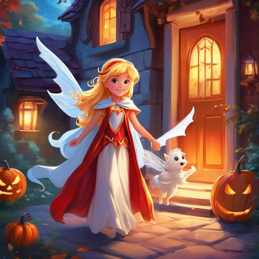 A magical fairy with shiny wings, glowing wand, and golden hair, A brave superhero with a red cape and strong muscles, and A beautiful princess with a sparkly gown, tiara, and a big smile entering the house, greeted by Mariam dressed as a friendly ghost, surrounded by magical objects and candlelight