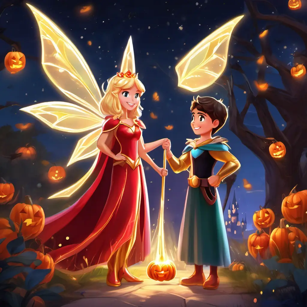 A magical fairy with shiny wings, glowing wand, and golden hair, A brave superhero with a red cape and strong muscles, and A beautiful princess with a sparkly gown, tiara, and a big smile listening to Mariam's story, receiving their special gifts