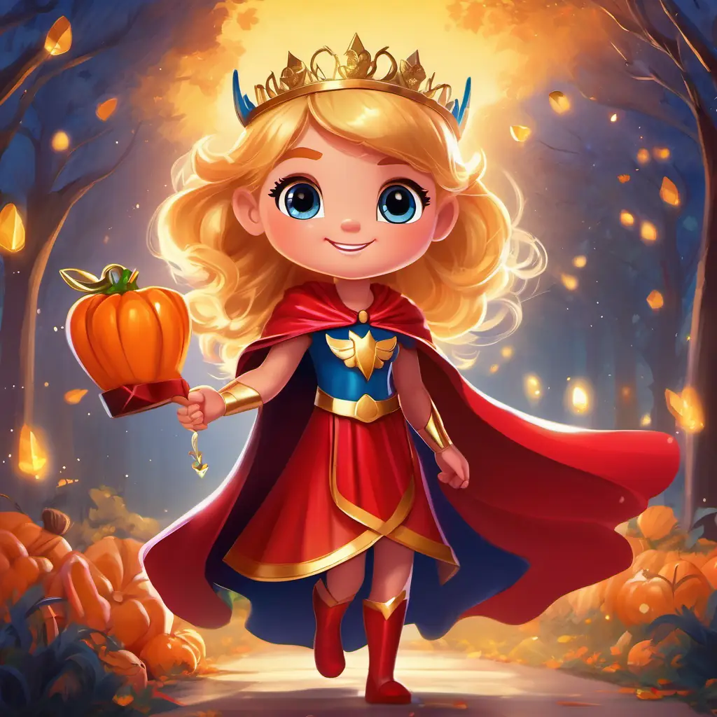 A magical fairy with shiny wings, glowing wand, and golden hair, A brave superhero with a red cape and strong muscles, and A beautiful princess with a sparkly gown, tiara, and a big smile saying goodbye to Mariam, walking away with smiles, carrying their special gifts