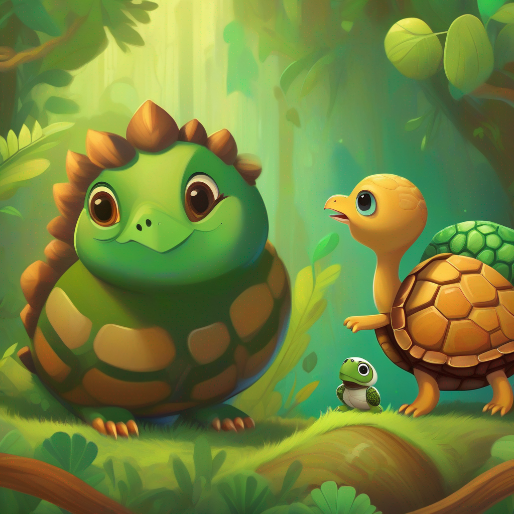 A scared A scared baby bird and A wise turtle with a patterned green and brown shell standing next to it