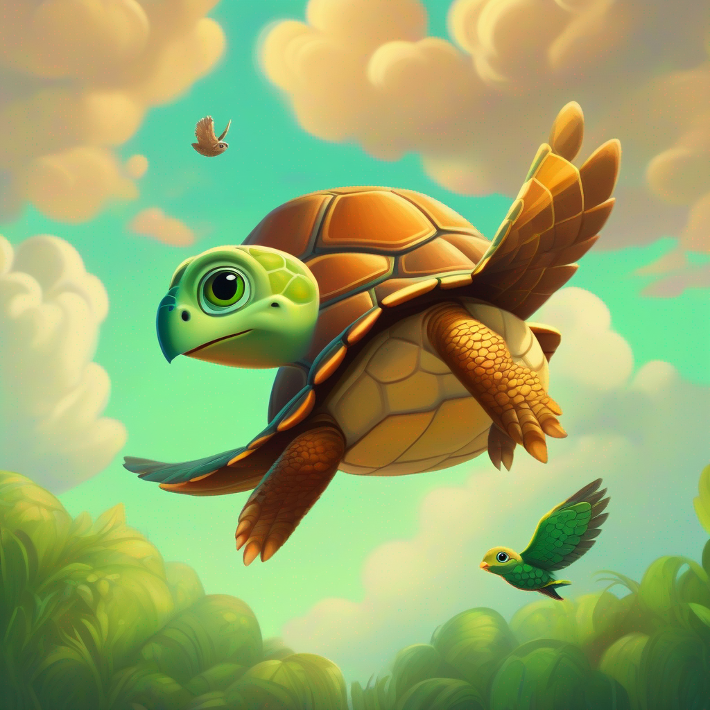 The A scared baby bird soaring high in the sky, A wise turtle with a patterned green and brown shell watching proudly