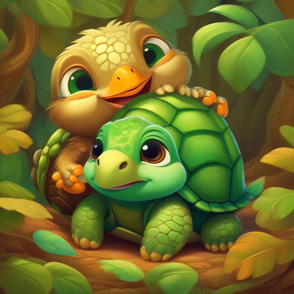 A joyful A scared baby bird hugging A wise turtle with a patterned green and brown shell tightly