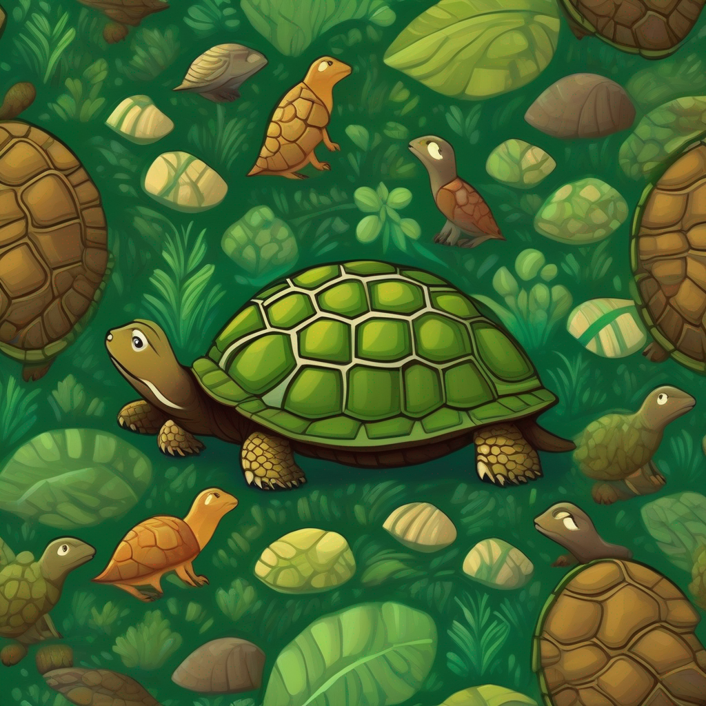 Animals gathered around A wise turtle with a patterned green and brown shell, looking worried