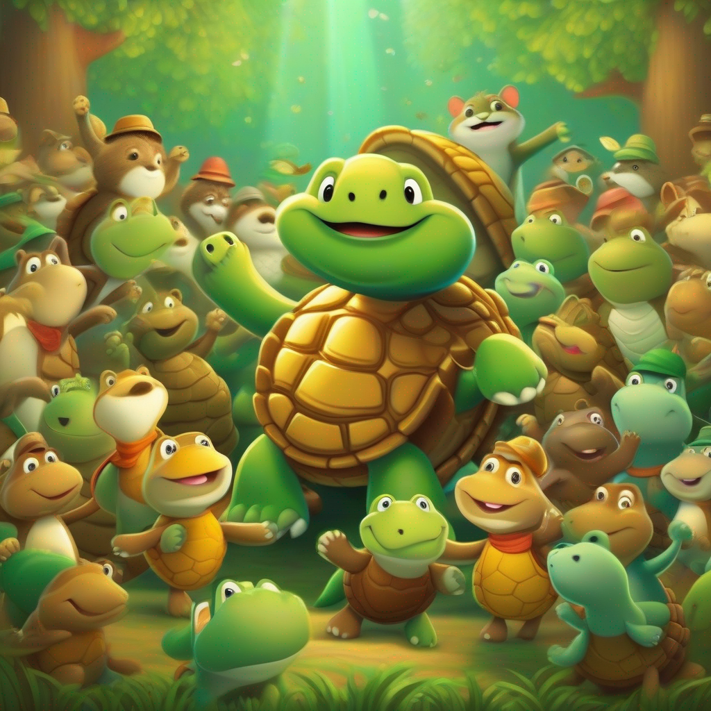 Happy animals cheering for A wise turtle with a patterned green and brown shell, Oliver standing tall