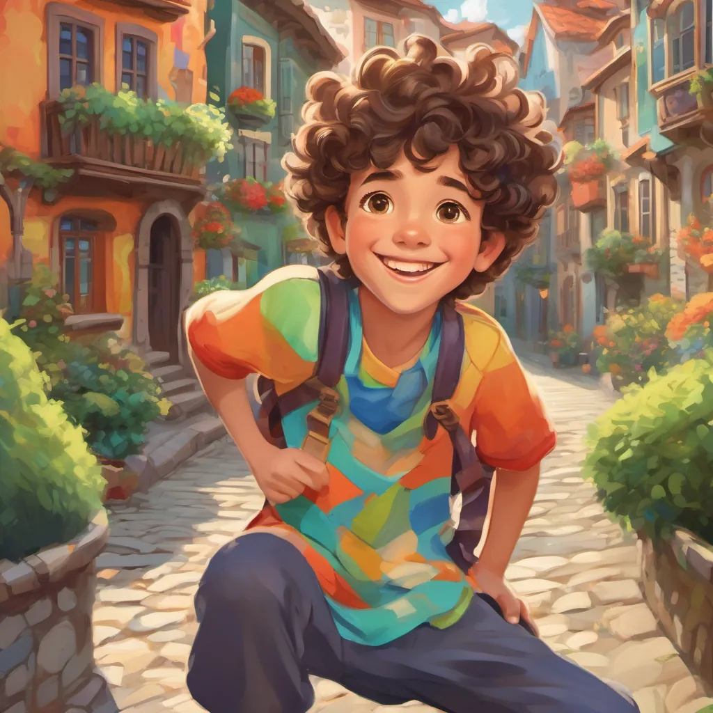 A joyful young boy named A joyful young boy with curly hair, wearing colorful, playful clothes, full of wonder and adventure with curly hair, wearing playful clothes, in a vibrant town filled with whimsical houses.