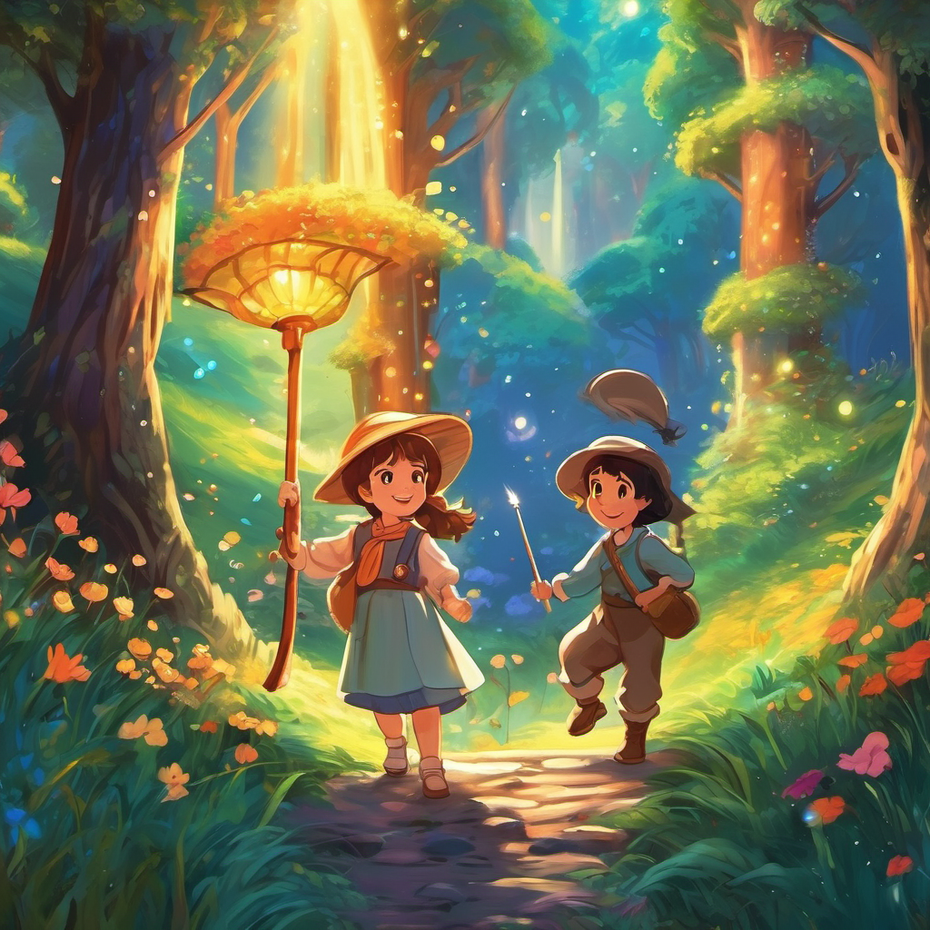 Together, they traveled across meadows, climbed towering trees, and crossed bubbling streams. They followed a trail of colorful twinkling lights, which led them to a hidden cave. Inside, they found a magical wand covered in sparkling dust! With the wand in her hands, Lily felt a surge of confidence. She whispered the magical words, "Adoray Trollees, Oh So Please, Bring Back the Garden's Magic Trees!" Suddenly, vibrant colors filled the air, and the garden bloomed once again!