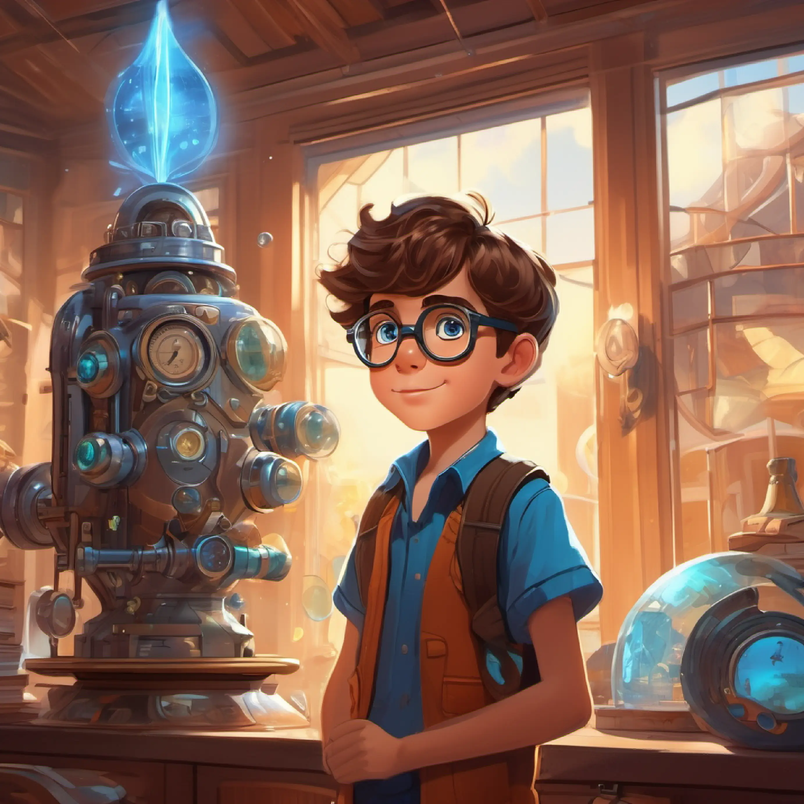 Young boy, big glasses, overflowing imagination, brown hair, blue eyes's birthday, he receives the time machine. Setting: futuristic home