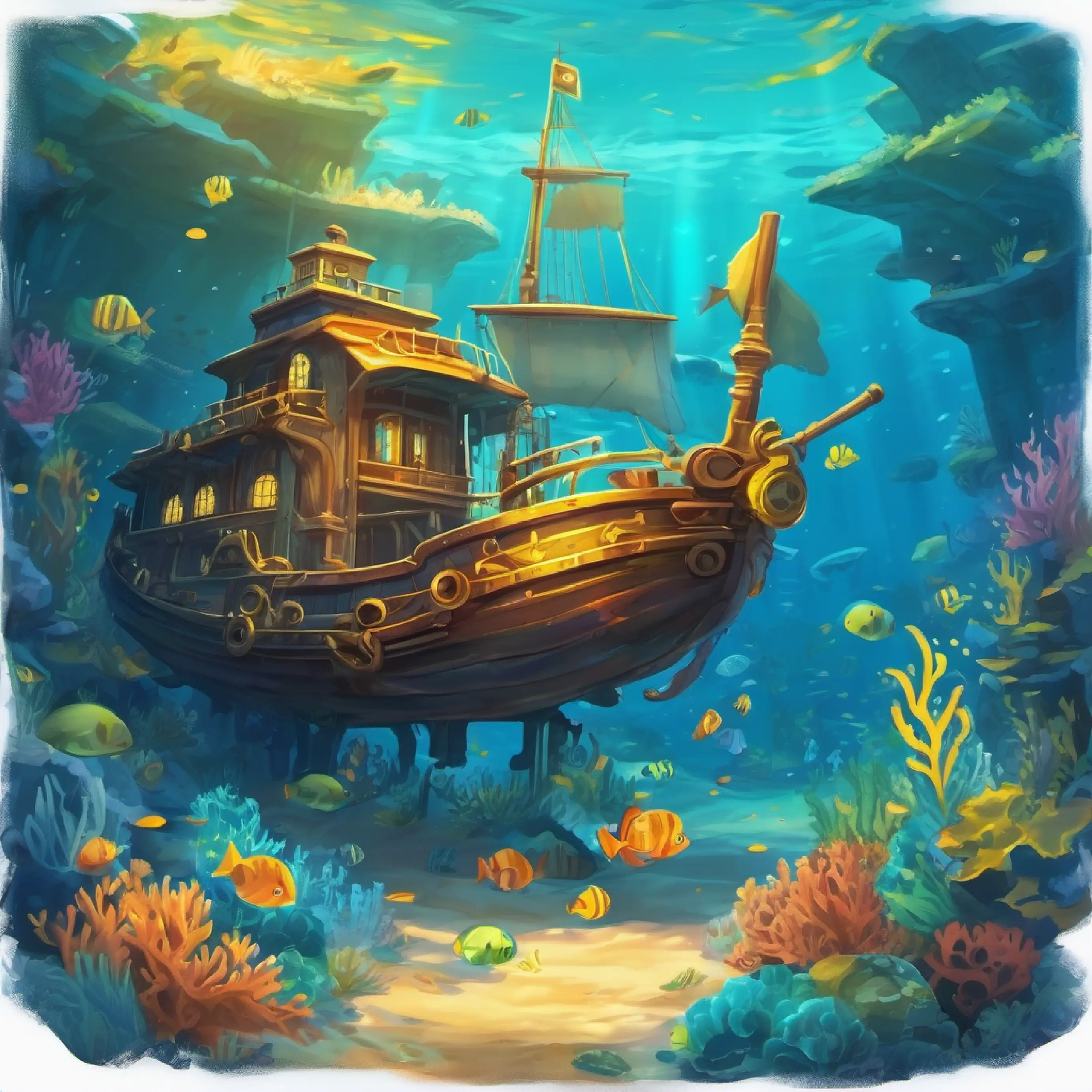 Exploring the ocean depths, discovers sunken treasure. Setting: underwater scene