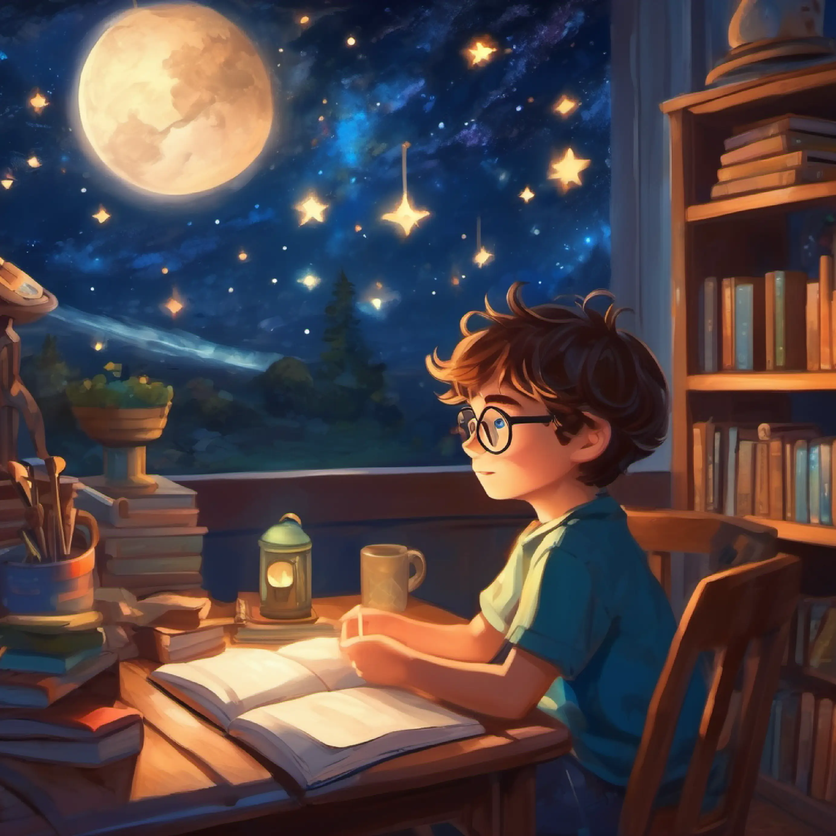 Realization about sharing adventures. Setting: Young boy, big glasses, overflowing imagination, brown hair, blue eyes's room at night, looking at stars