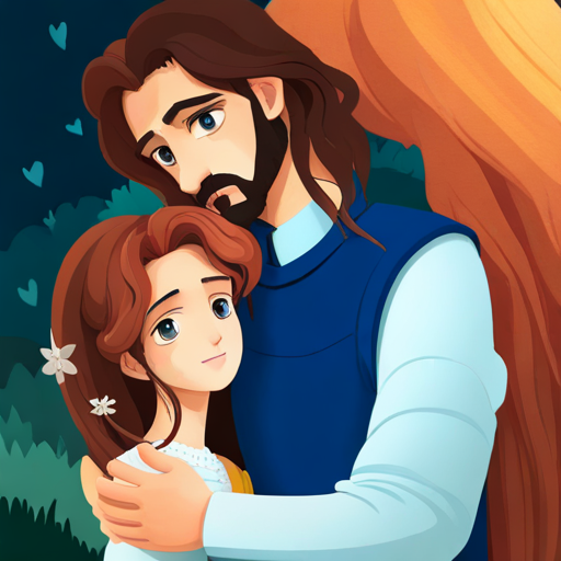 Princess A princess with flowing golden hair and a heart-shaped pendant falls in love with A kind-hearted man with a scruffy beard and gentle eyes
