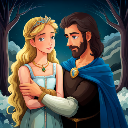 A princess with flowing golden hair and a heart-shaped pendant and A prince with dark hair and a silver crown discover they both love A kind-hearted man with a scruffy beard and gentle eyes