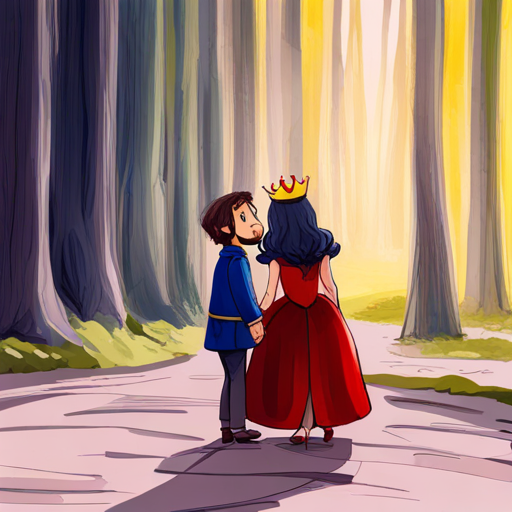 A kind-hearted man with a scruffy beard and gentle eyes selflessly walks away from A princess with flowing golden hair and a heart-shaped pendant and A prince with dark hair and a silver crown