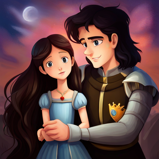 A princess with flowing golden hair and a heart-shaped pendant and A prince with dark hair and a silver crown learn the value of responsibility