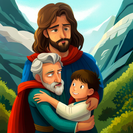 A princess with flowing golden hair and a heart-shaped pendant and A prince with dark hair and a silver crown hold onto A kind-hearted man with a scruffy beard and gentle eyes's selflessness