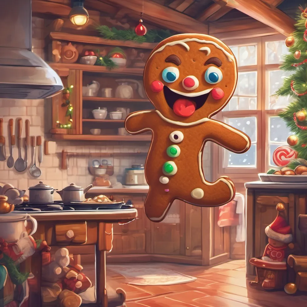 A gingerbread man with exaggerated eyes and mouth looking shocked and ready to run, in a cozy, Christmas-themed kitchen.