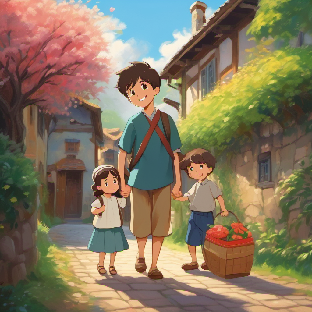 Kind boy with a big heart, wearing simple clothes and his wife being generous to others