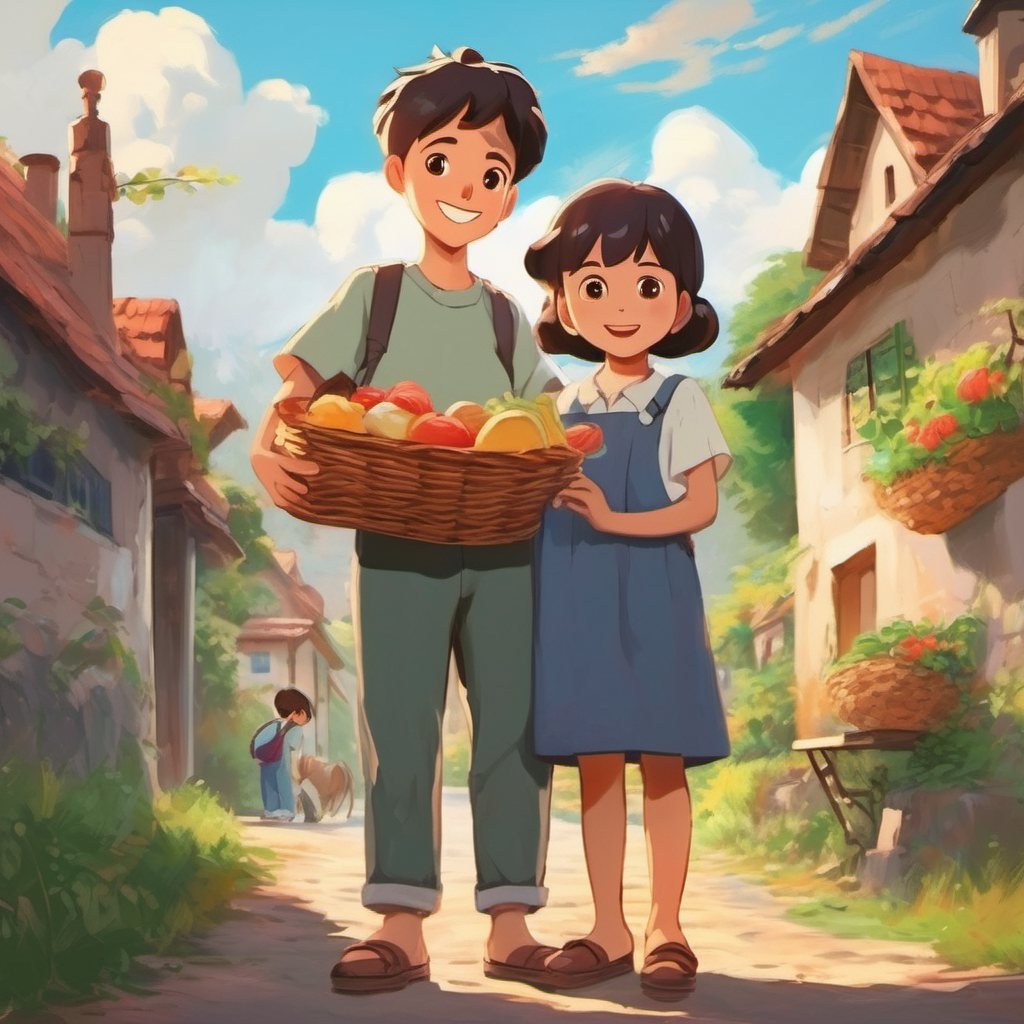 Kind boy with a big heart, wearing simple clothes and his wife giving food and clothes to those in need