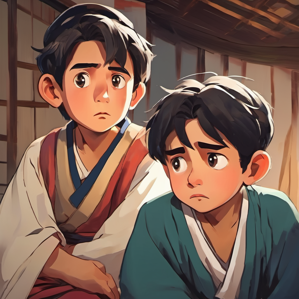Worried boys with concerned expressions, wearing traditional clothes worried about their future
