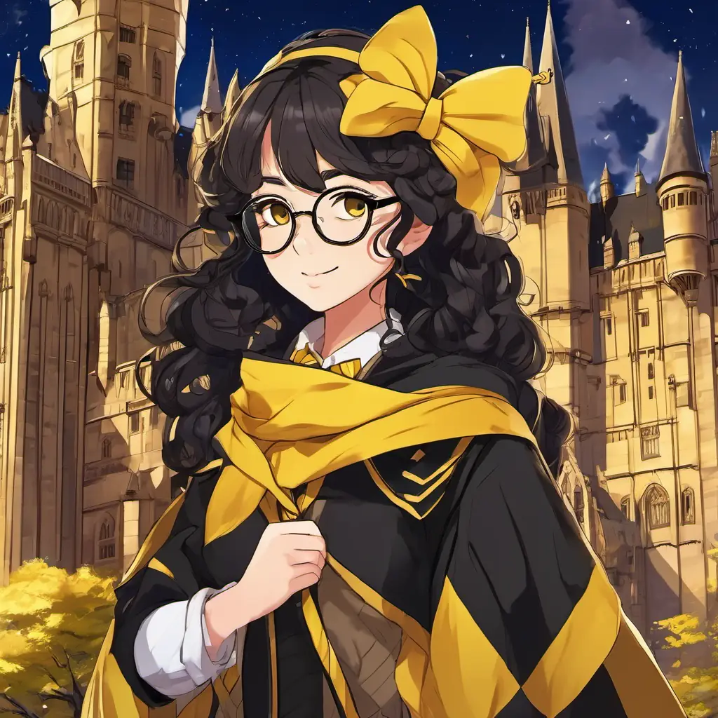 Hufflepuff girl with black curly hair, brown eyes, and glasses Kind and loyal, a Hufflepuff girl with black curly hair and brown eyes wearing glasses, stands in front of the majestic Hogwarts castle, holding a yellow and black scarf, surrounded by her fellow Hufflepuffs wearing yellow and black, standing with Lily in friendship