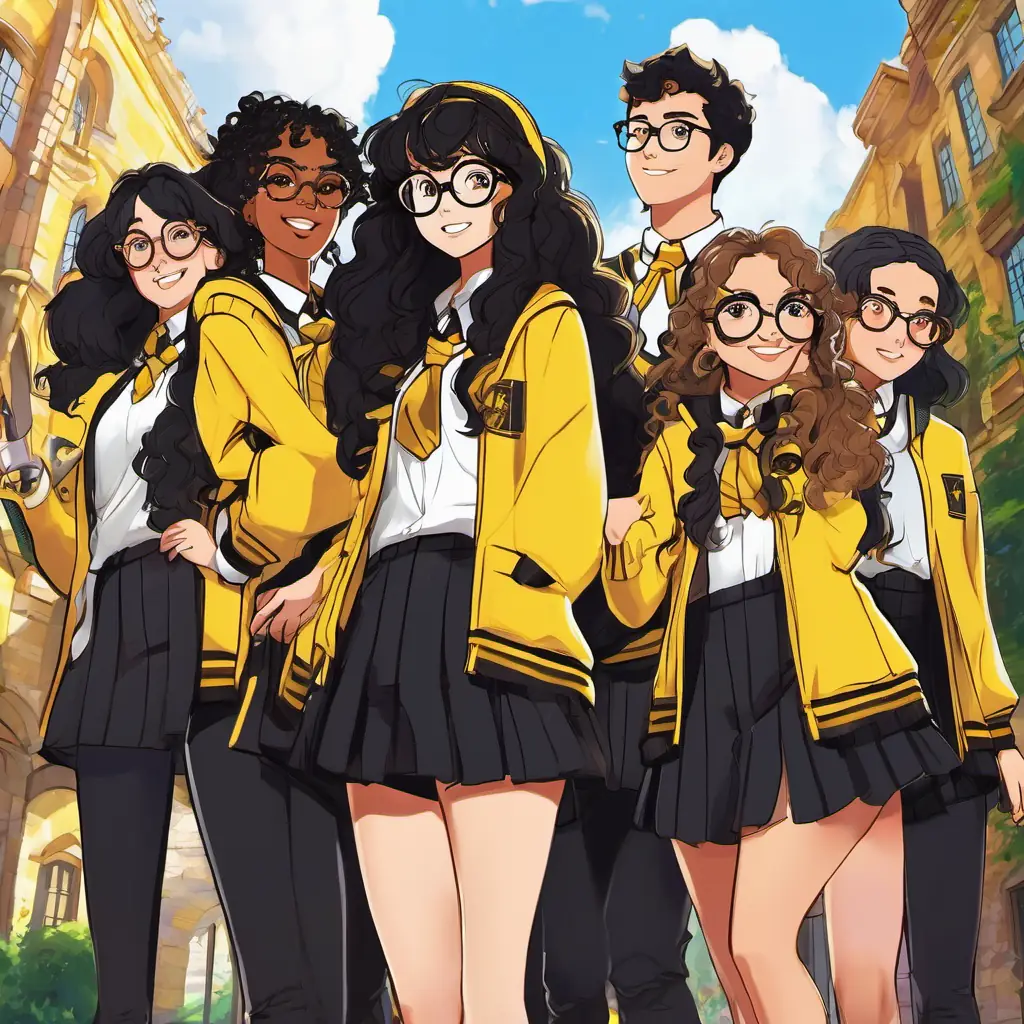 Hufflepuff girl with black curly hair, brown eyes, and glasses Kind and loyal, with her black curly hair and glasses, is surrounded by her fellow Hufflepuffs wearing yellow and black, standing with Lily in friendship, all wearing yellow and black, sharing stories and laughing together