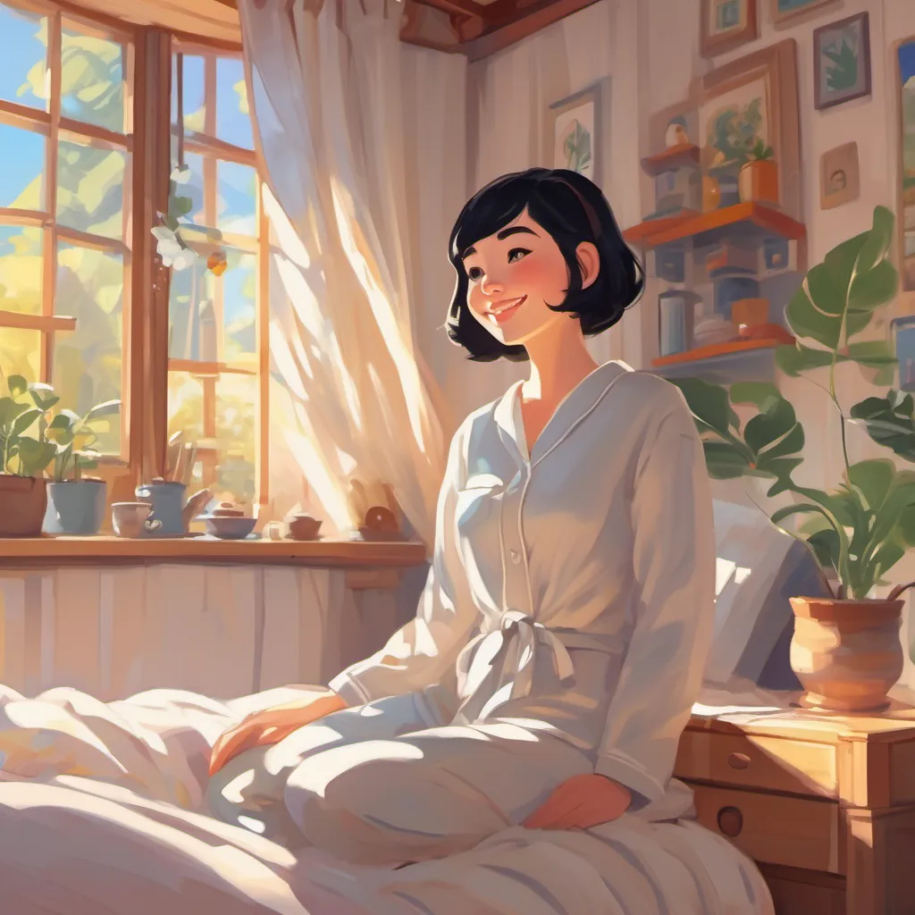 A girl with short black hair and pale skin, wearing pajamas, smiling in her bright, cozy bedroom with morning sunlight streaming in.