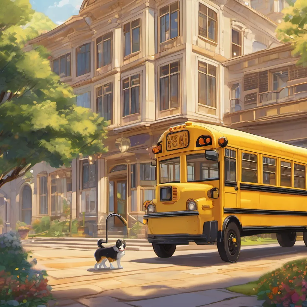 A bright yellow school bus with Zoey happily boarding it, kids waving and smiling from the windows.