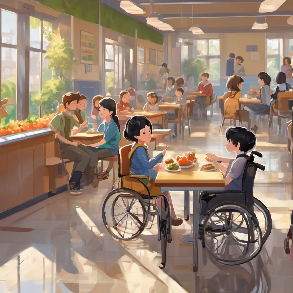 A school cafeteria filled with kids, with Zoey looking pleased as she chooses her lunch.