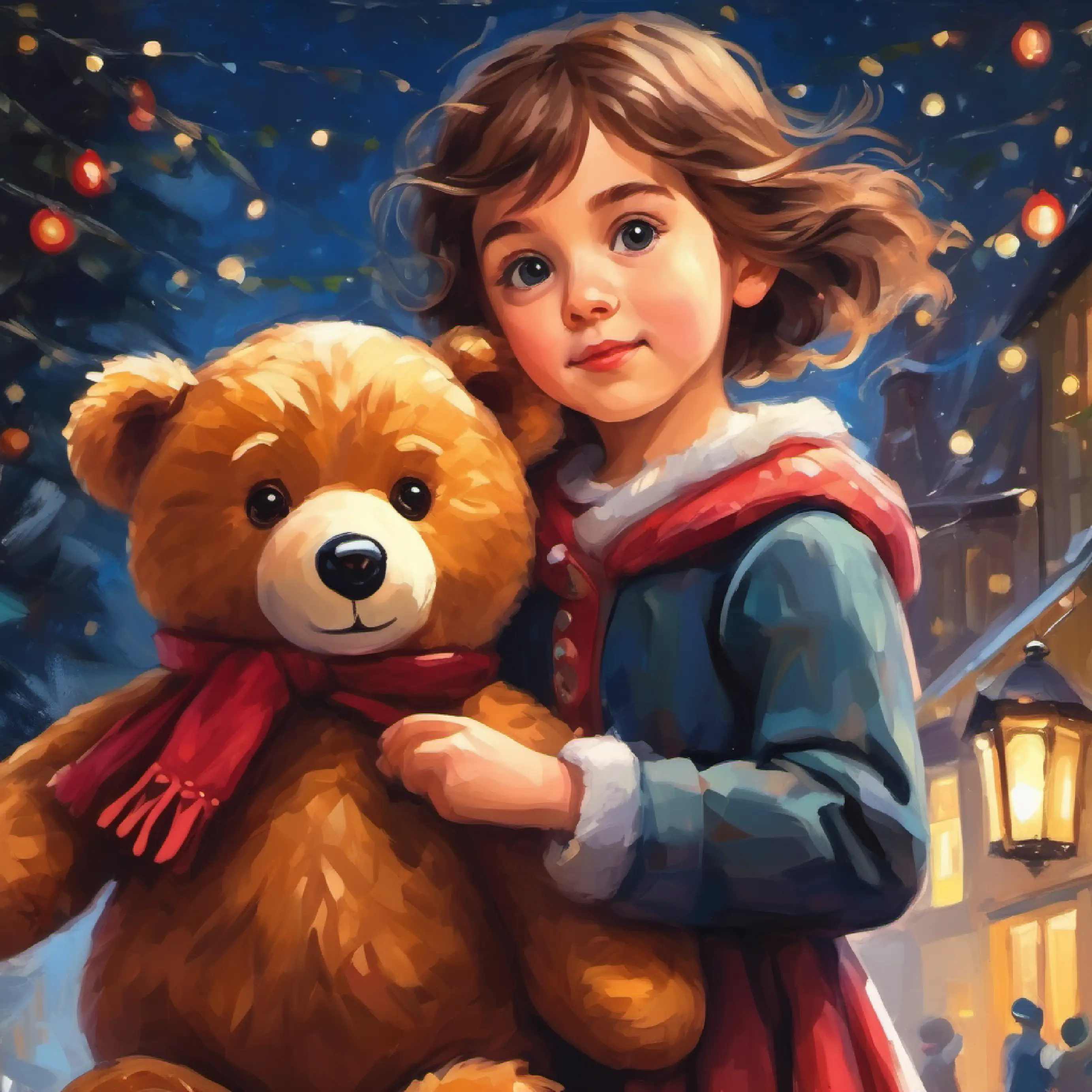 Young girl with bright eyes, always carries a teddy bear interacts with her teddy bear, projecting bravery.